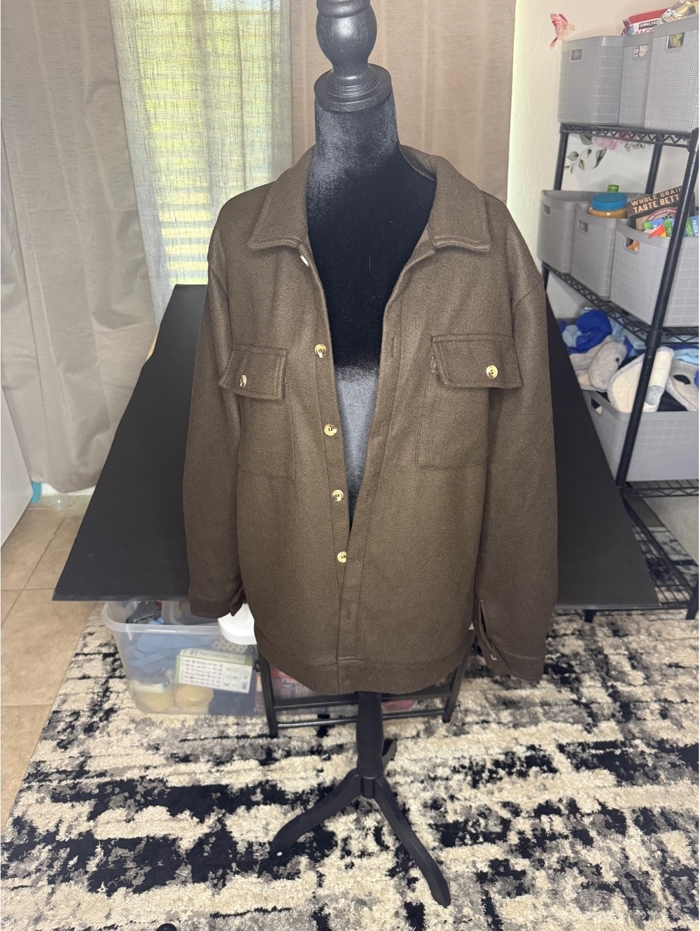 Brown Wool Blend Oversized Jacket with Button Pockets